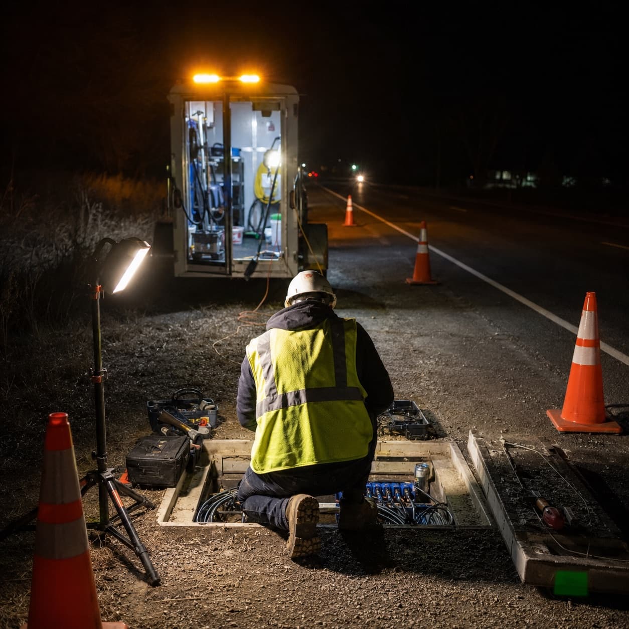 Fiber technician kneeling at an open roadside handhole at night under portable worklights, with a splice trailer and traffic cones staged along the shoulder